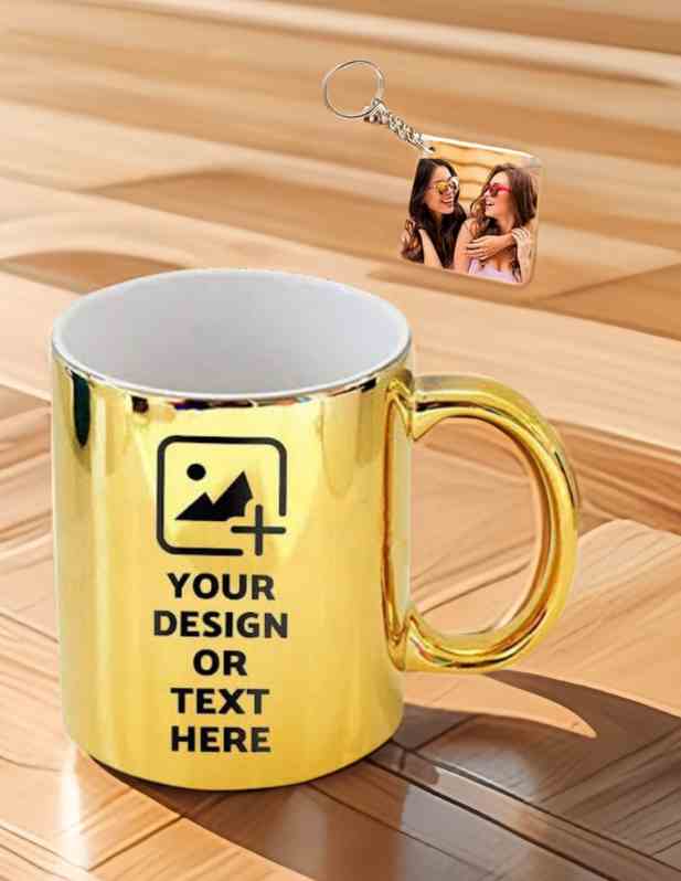 Customized Golden Mug With Photo Keychain