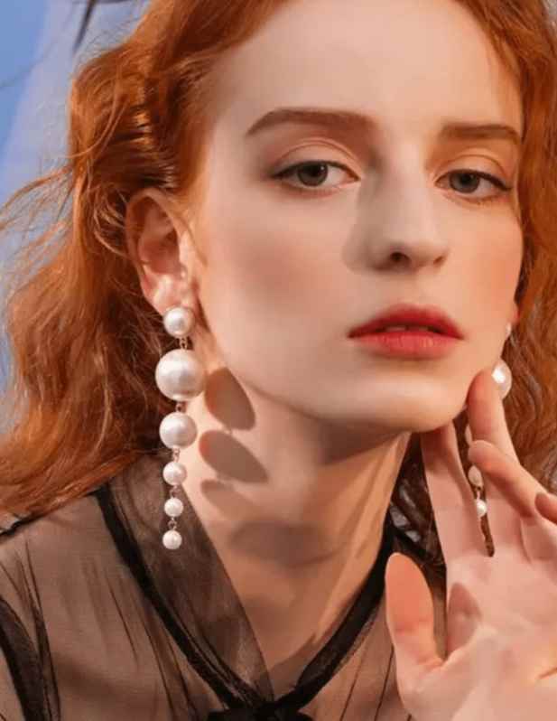 Big Simulated Pearl Long Earrings