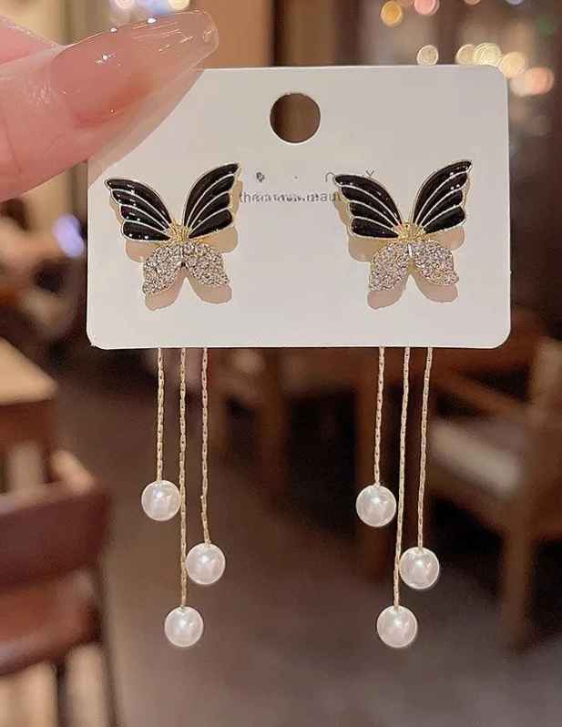 Long Pearl Butterfly Earring
