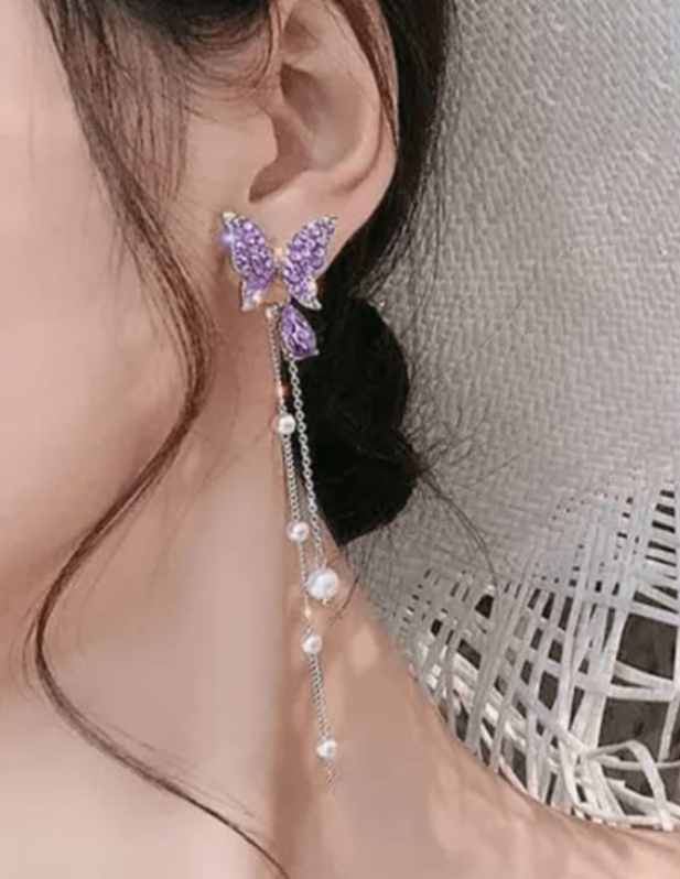 Long Purple Butterfly Earrings