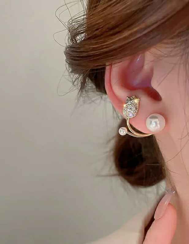 Rose Flower Earrings Studs Pearl