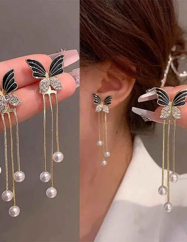 Long Pearl Butterfly Earring
