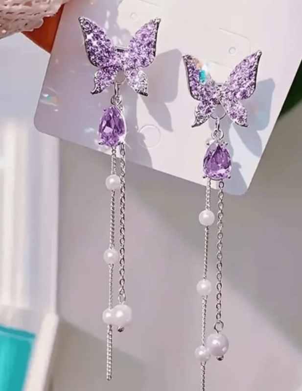 Long Purple Butterfly Earrings