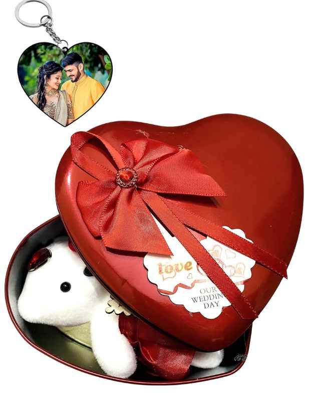 Buy now Heart Shaped Red Teddy And Rose Box With Photo Key Chain